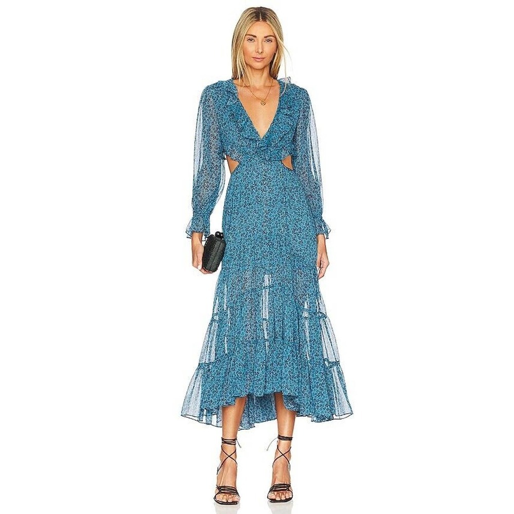 Misa La Amelia Midi Dress In Cerulean Ditzy Cutouts Ruffles Metallic Tiered Sz M